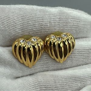 Vintage Joan‎ Rivers Ribbed Gold tone Heart Earrings Crystal Rhinestones #768